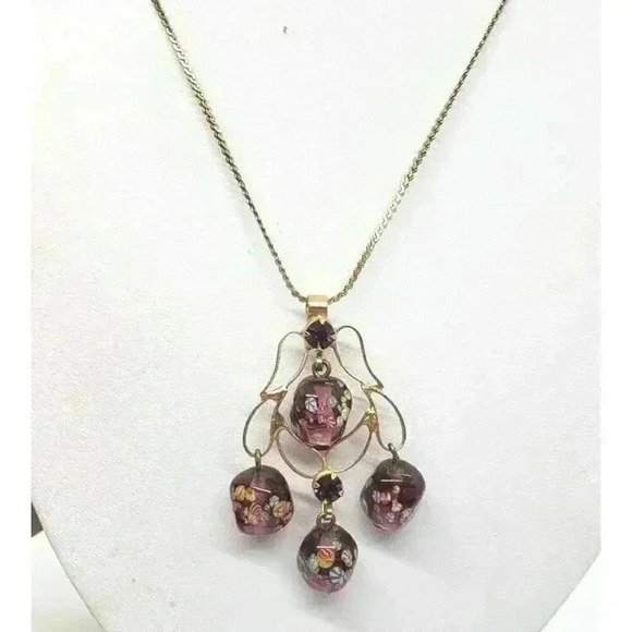 Vintage Jewelry - Vintage MCM Japanese Tombo Millefiori Art Glass Bead Necklace 14k Gold Plate